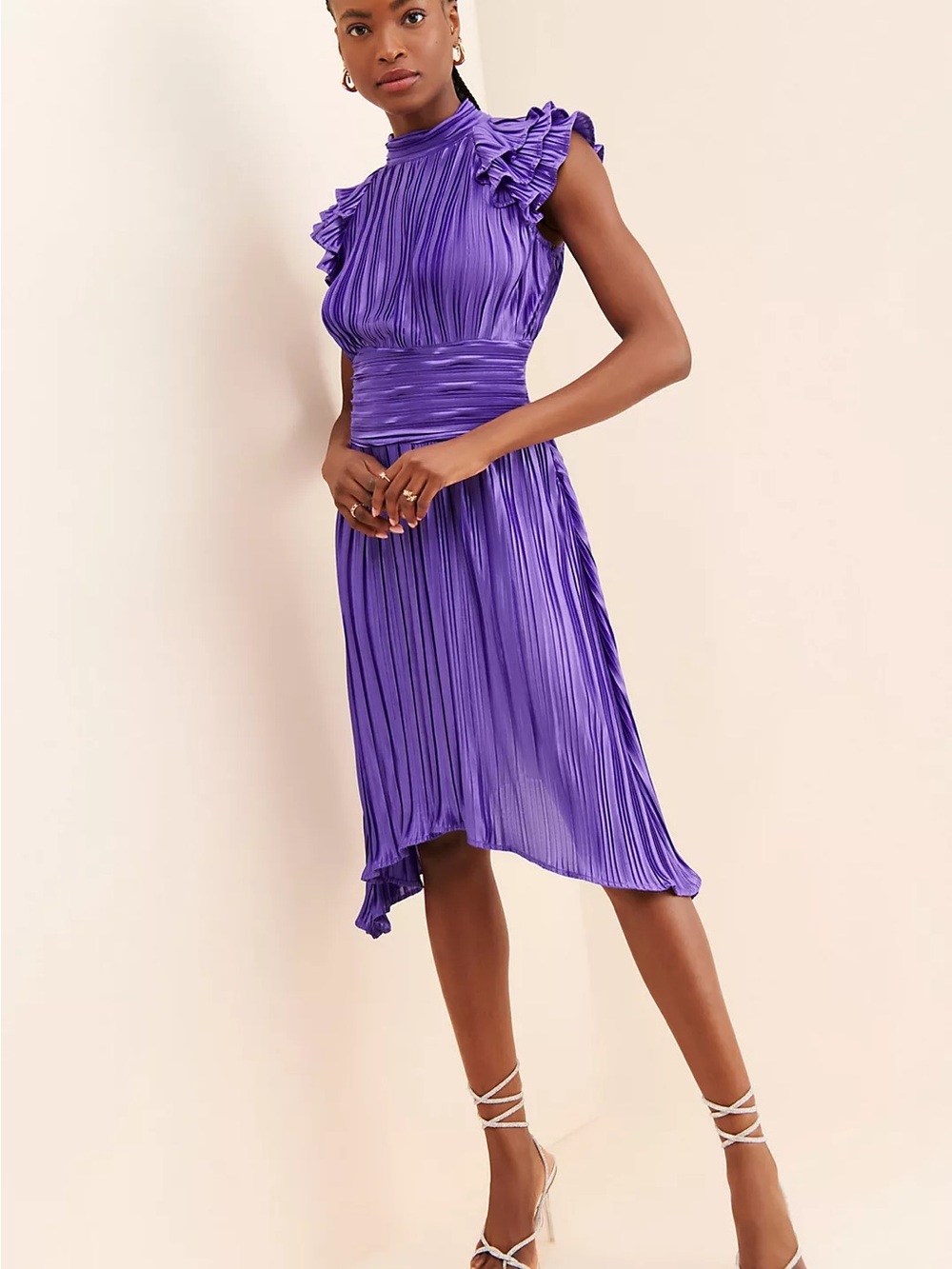 BTFL-LIFE LIPAZ PLEATED DRESS Purple Ruffle Sleeve Midi Dress Size Small